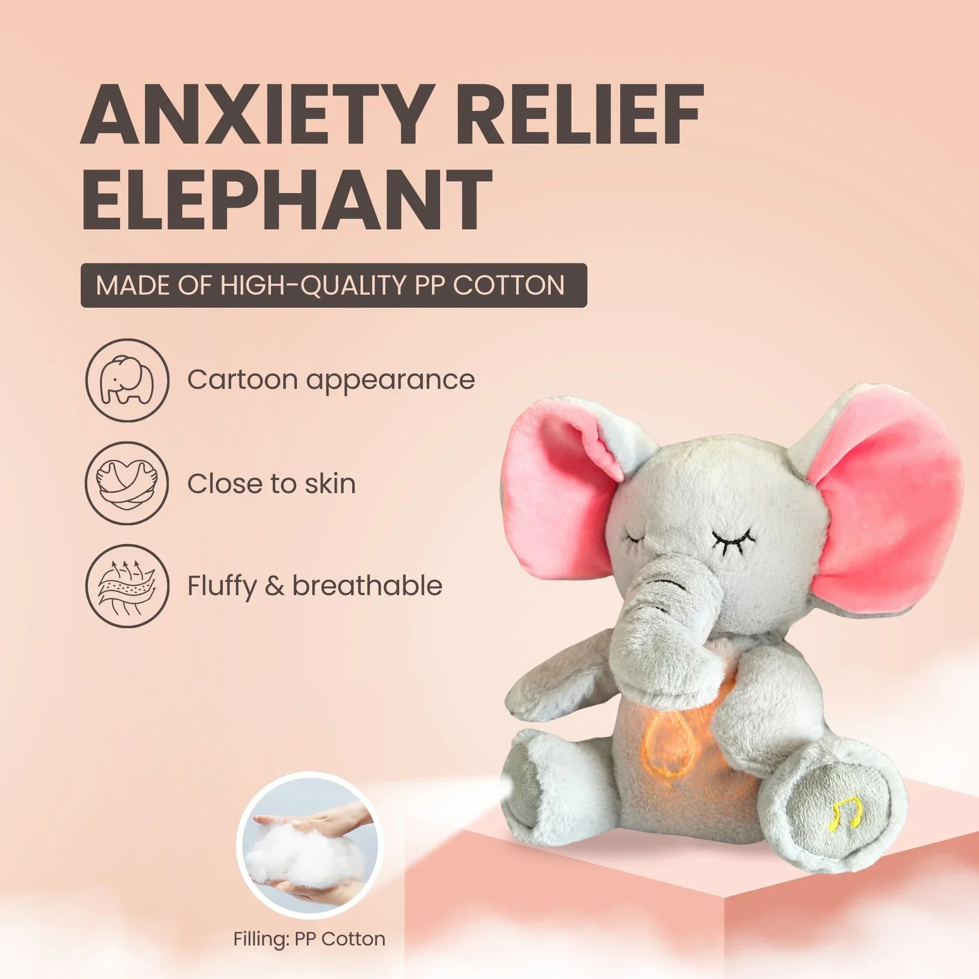 Breathing Elephant Plush — Baby Soothing Stuffed Animal with Music & Light